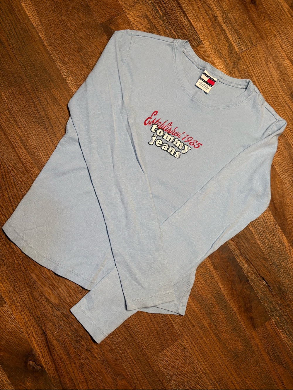 Tommy Hilfiger Light Blue Long-Sleeve Crewneck Tee with Script Logo
